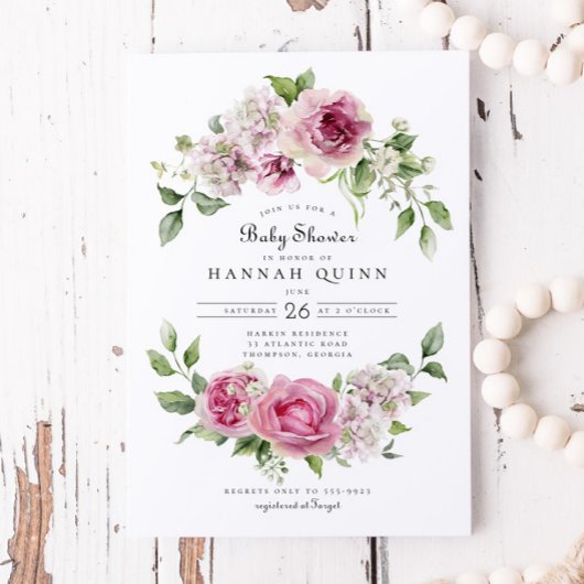 ピンクローズアジサイフローラアーチガールベイビーシャワー 招待状
