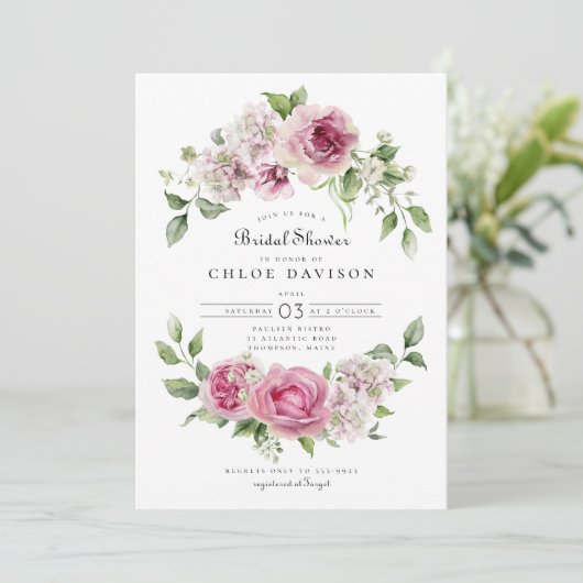 ピンクローズアジサイフローラアーチブライダルシャワー 招待状 (スタンド正面)