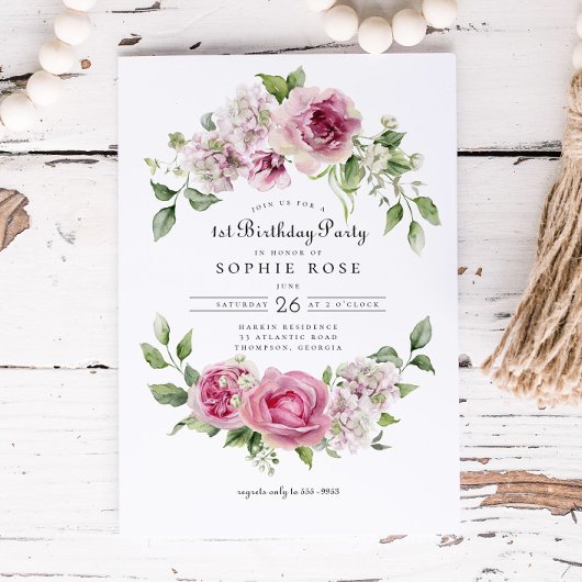 ピンクローズアジサイフローラアーチ1st誕生日パーティー 招待状