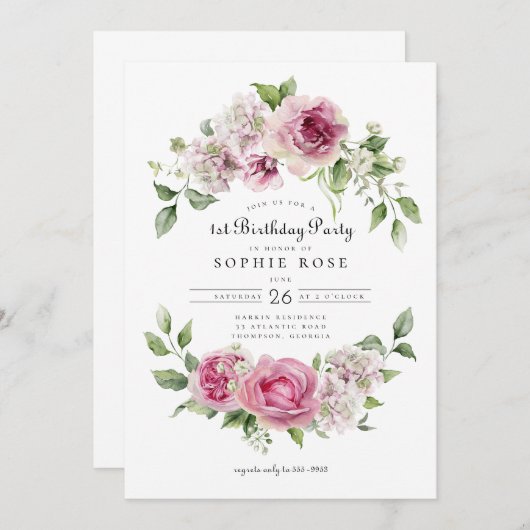 ピンクローズアジサイフローラアーチ1st誕生日パーティー 招待状 (正面/裏面)