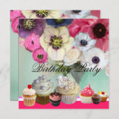 ピンクローズアネモネ花とカップケーキ誕生日 招待状 (正面/裏面)