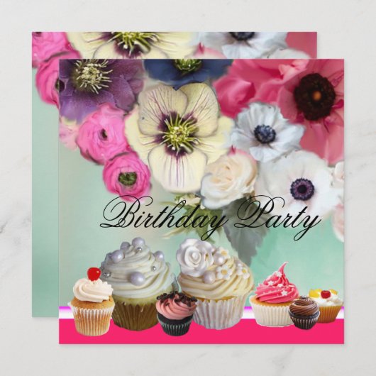ピンクローズアネモネ花とカップケーキ誕生日 招待状 (正面/裏面)