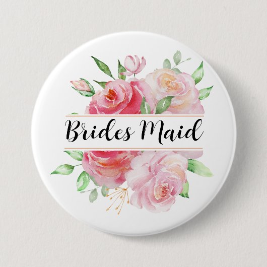 ピンクローズアンドグリーンリーフローラモノグラム 缶バッジ (正面)