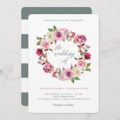 ピンクローズアンドシックグレーストライプ|結婚のリース 招待状 (正面/裏面)