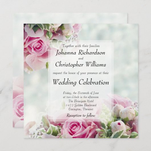 ピンクローズアンドピーニーバdsスクエア結婚フローラ 招待状 (正面/裏面)