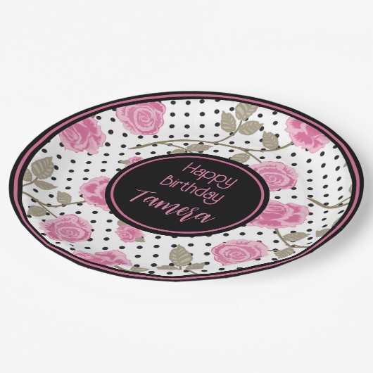 ピンクローズアンドブラック水玉模様 パーソナライズされた ペーパープレート (アングル)