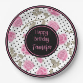 ピンクローズアンドブラック水玉模様 パーソナライズされた ペーパープレート (正面)