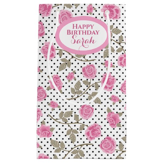 ピンクローズアンドブラック水玉模様 モノグラムの スモールペーパーバッグ (正面)