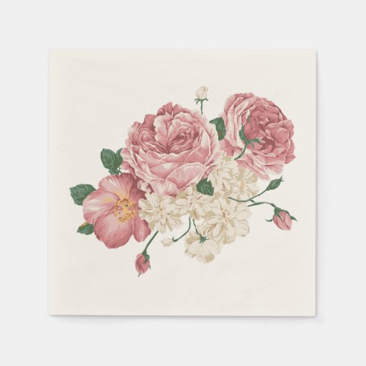 ピンクローズアンドホワイトフローラナプキン スタンダードカクテルナプキン (正面)