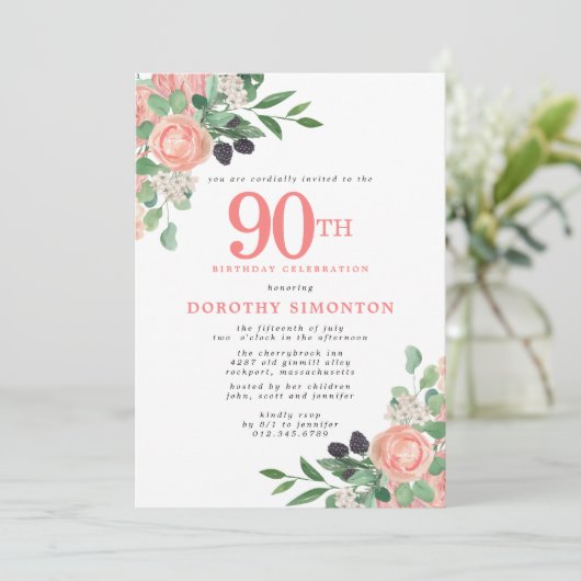 ピンクローズアンドホワイトフローラ90誕生日 招待状 (スタンド正面)