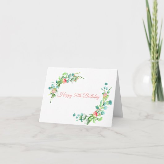 ピンクローズアンドユーカリプトゥスマイルストン誕生日 カード (正面)