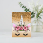 ピンクローズアンド金ゴールドグリッターユニコーン ポストカード (スタンド正面)