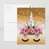 ピンクローズアンド金ゴールドグリッターユニコーン ポストカード (正面/裏面)