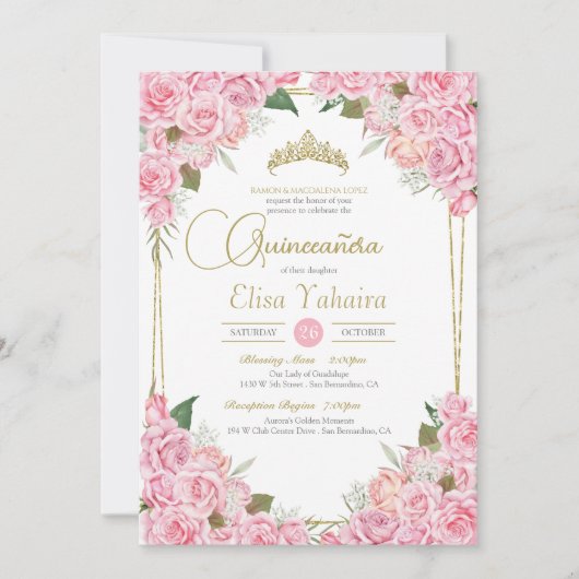 ピンクローズアンド金ゴールドティアラフローラキンセアニェラ 招待状 (正面)