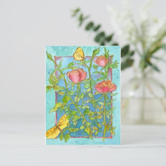 ピンクローズイエローバタフライガーデンウォーターカラーアート ポストカード (スタンド正面)