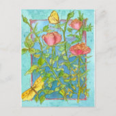 ピンクローズイエローバタフライガーデンウォーターカラーアート ポストカード (正面)