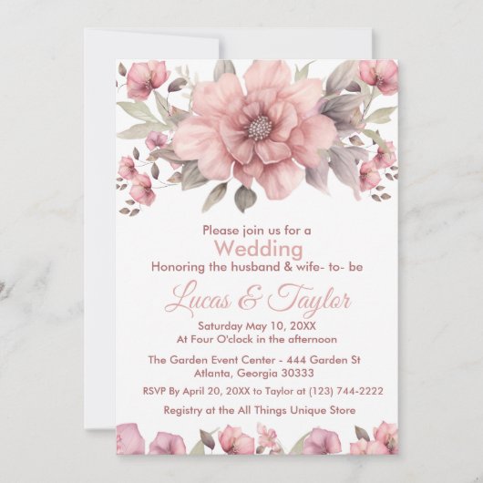 ピンクローズウィズグリーンリー結婚式招待状 招待状 (正面)