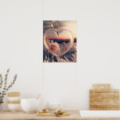 ピンクローズウィンターシーンガラスハート ポスター (キッチン)