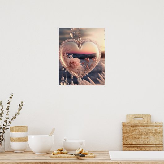 ピンクローズウィンターシーンガラスハート ポスター (キッチン)