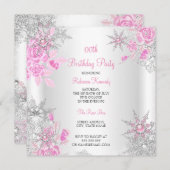 ピンクローズウィンターワンダーランドスノーフレークパーティー 招待状 (正面/裏面)