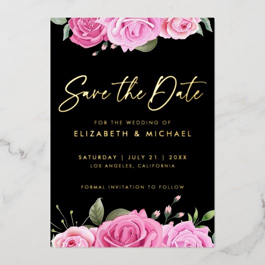 ピンクローズウェディングザデイトフォイル招待状 箔招待状 (正面)