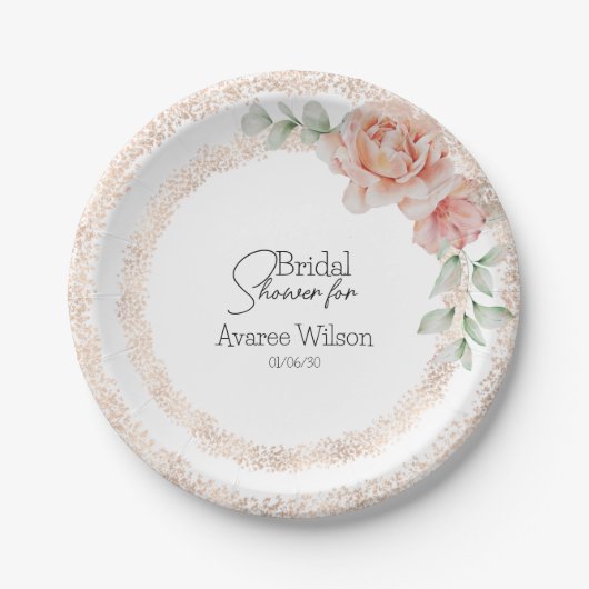 ピンクローズウォーターカラーとグリッターブライダルシャワー ペーパープレート (正面)