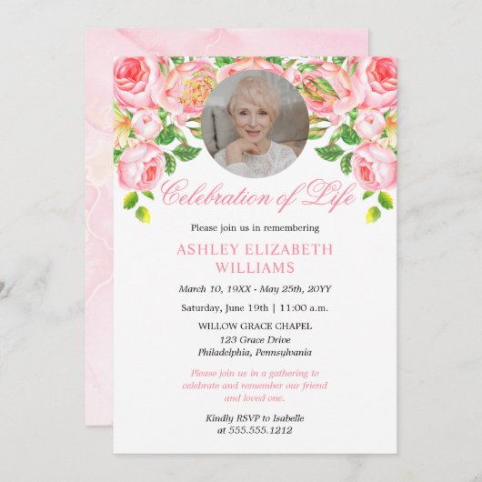 ピンクローズウォーターカラーフローラお祝いI 招待状 (正面/裏面)