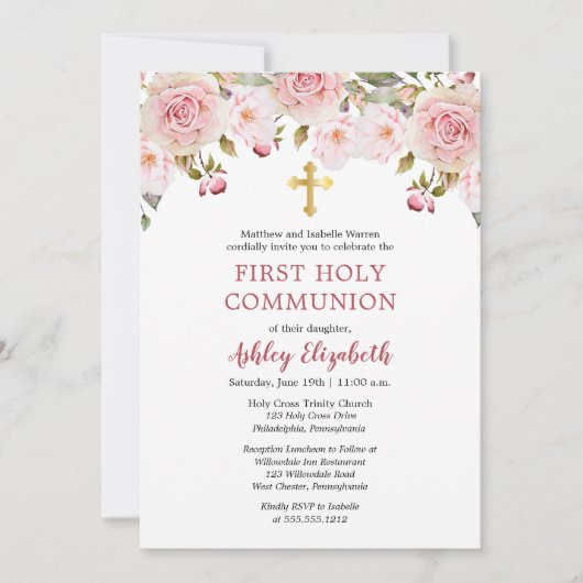 ピンクローズウォーターカラーフローラファーストホーリーコミュニオン 招待状 (正面)