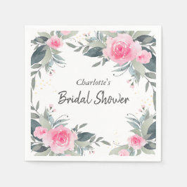 ピンクローズウォーターカラーフローラブライダルシャワーナプキンス スタンダードカクテルナプキン
