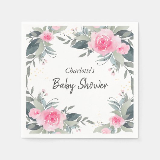 ピンクローズウォーターカラーフローラベビーシャワーナプキンス スタンダードカクテルナプキン (正面)