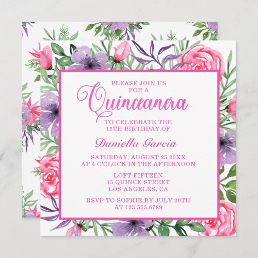 ピンクローズウォーターカラーフローラモダンクインセアニラ 招待状 (正面/裏面)