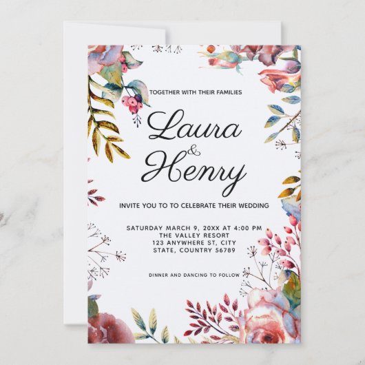 ピンクローズウォーターカラーフローラ結婚式招待状 招待状 (正面)