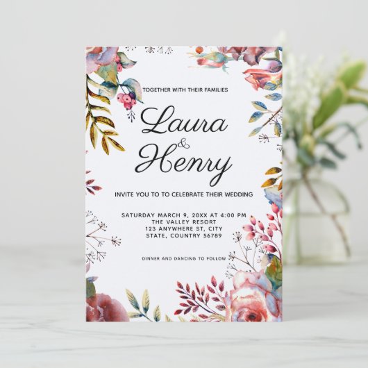 ピンクローズウォーターカラーフローラ結婚式招待状 招待状 (スタンド正面)