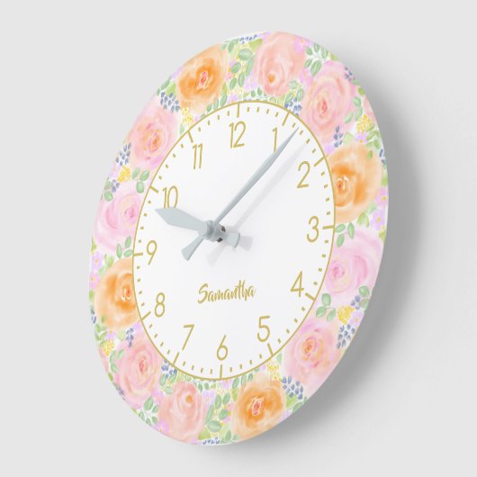 ピンクローズウォーターカラーフローラ ファンシー ラージ壁時計 (傾斜)