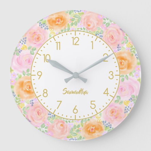 ピンクローズウォーターカラーフローラ ファンシー ラージ壁時計 (正面)