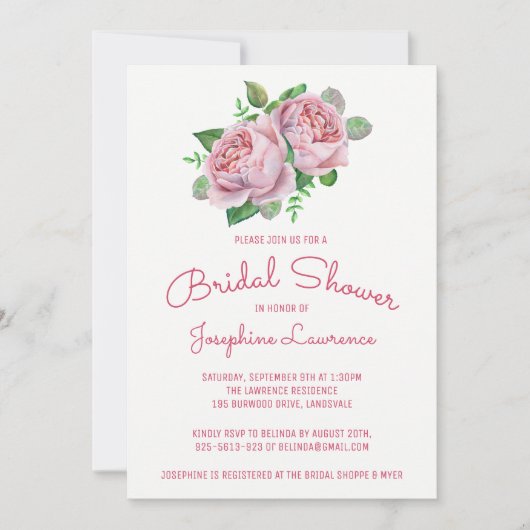 ピンクローズウォーターカラーブライダルシャワー招待状 招待状 (正面)