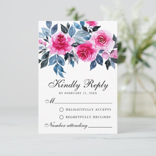 ピンクローズウォーターカラーボタニカルウェディングRSVPカード アドバイスカード (スタンド正面)