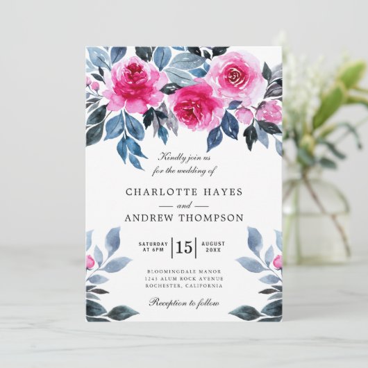 ピンクローズウォーターカラーボタニッ結婚クス 招待状 (スタンド正面)