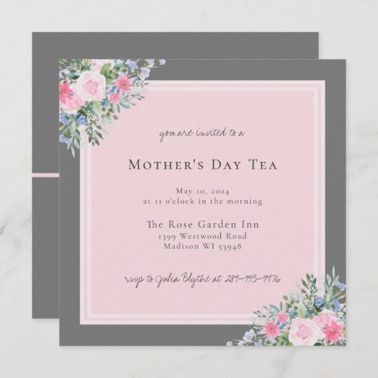 ピンクローズウォーターカラーマザーズデイ招待状 (正面/裏面)