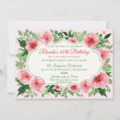 ピンクローズウォーターカラーレディース60誕生日 招待状 (正面)