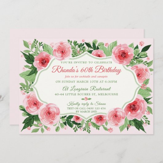 ピンクローズウォーターカラーレディース60誕生日 招待状 (正面/裏面)