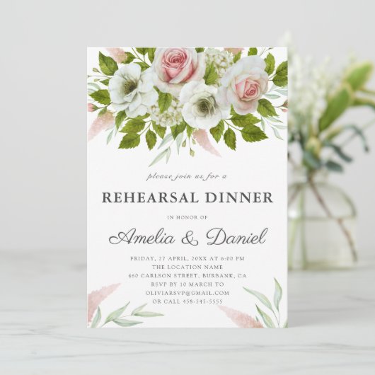 ピンクローズウォーターカラーロマンチックなリハーサルディナー 招待状 (スタンド正面)