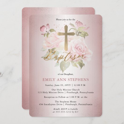 ピンクローズウォーター色フローラガールバプテスマ 招待状 (正面/裏面)