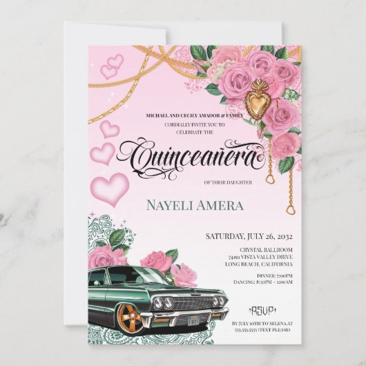 ピンクローズエメラルドグリーンチョラローライダーキンセアニェラ 招待状 (正面)