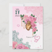 ピンクローズエメラルドグリーンチョラローライダーキンセアニェラ 招待状 (裏面)