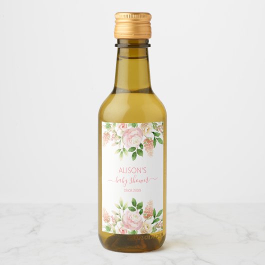 ピンクローズエレガントフローラガールベビーシャワーミニ ワインラベル (正面)