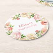 ピンクローズエレガントフローラガールベビーシャワー ラウンドペーパーコースター (アングル)