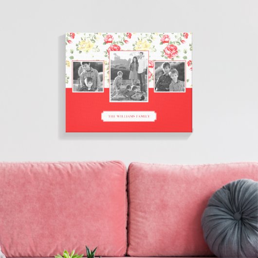 ピンクローズエレガント壁紙 |家族の写真と文字 キャンバスプリント (インサイチュ (リビング))