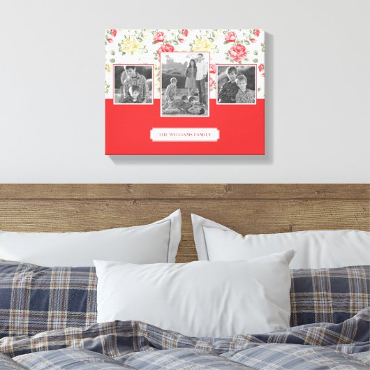 ピンクローズエレガント壁紙 |家族の写真と文字 キャンバスプリント (インサイチュ (寝室))