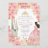 ピンクローズエレガント金ゴールドティアラプリンセスキンセアニラ 招待状 (正面/裏面)